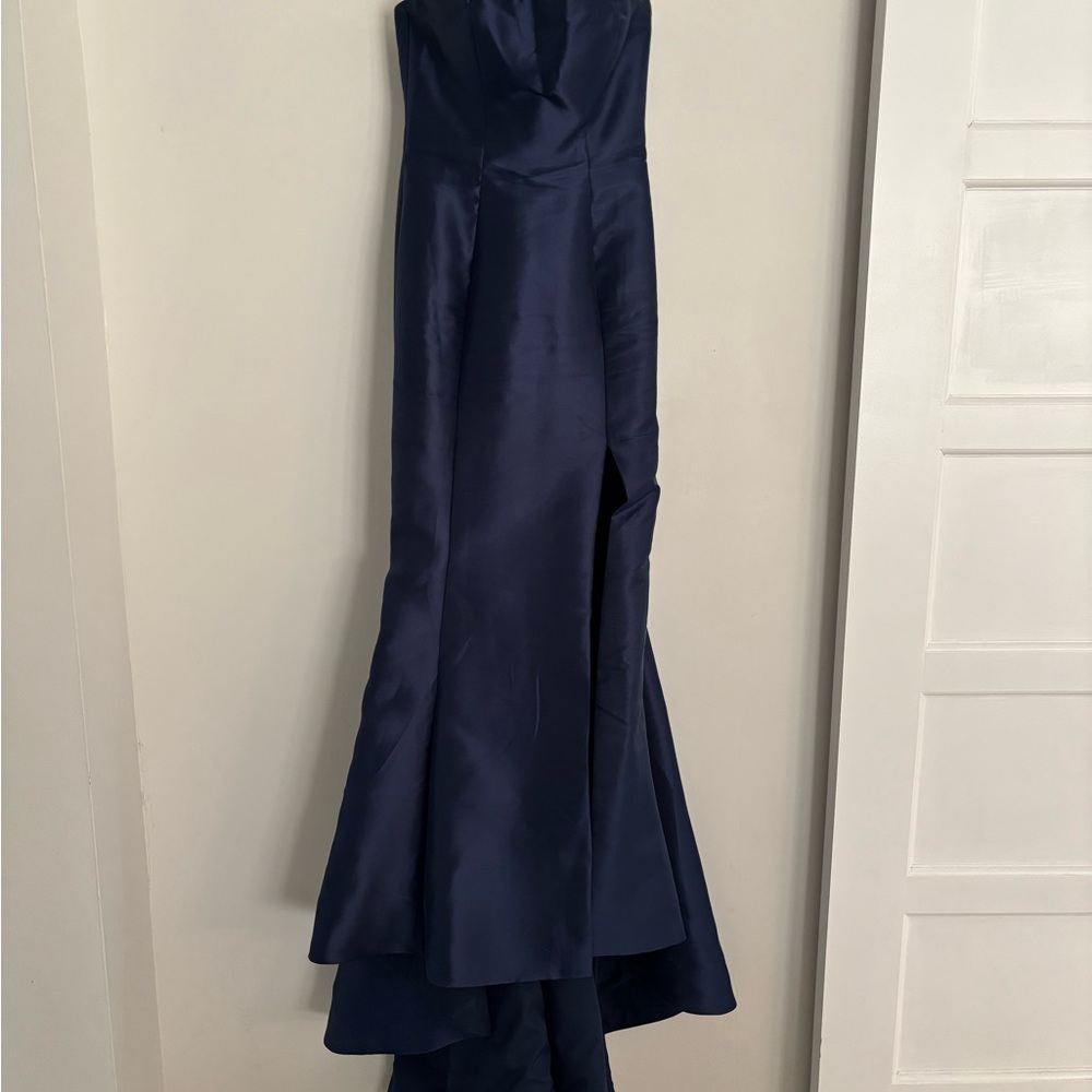 Sherri Hill Navy Blue Strapless Satin Prom Dress